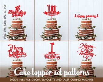 Set di 6 toppers torta buon compleanno, disegni svg, Taglio Cricut, immagini svg, svg pdf, svg compleanno torta topper, svg file di taglio, Set HB-5