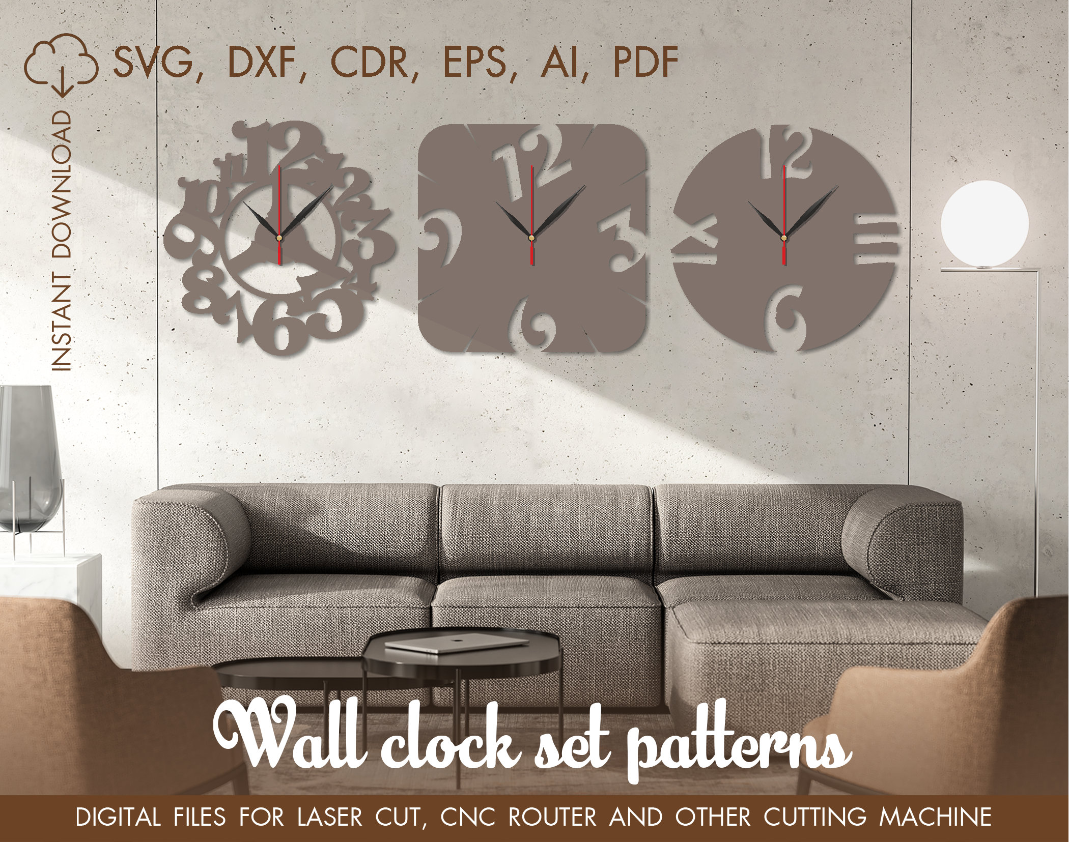 Set of 3 Wall Clock Svg, Large Clock, Cutting Model, Clock Laser Cut ...