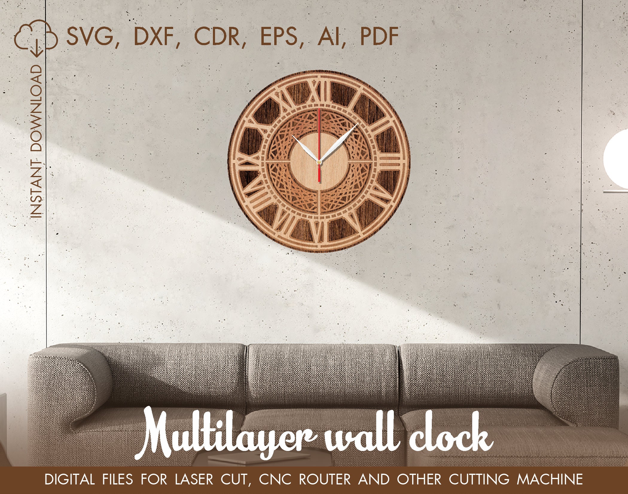 Reloj de pared SVG, archivo de corte multicapa, plantillas vectoriales ...