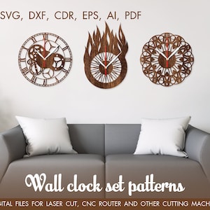 Set of 3 wall clocks, Vector for CNC, Cutting model, Clock laser cut, Laser cut template CNC files, cnc clock, vinyl clock svg, Pdf, EPS image 3