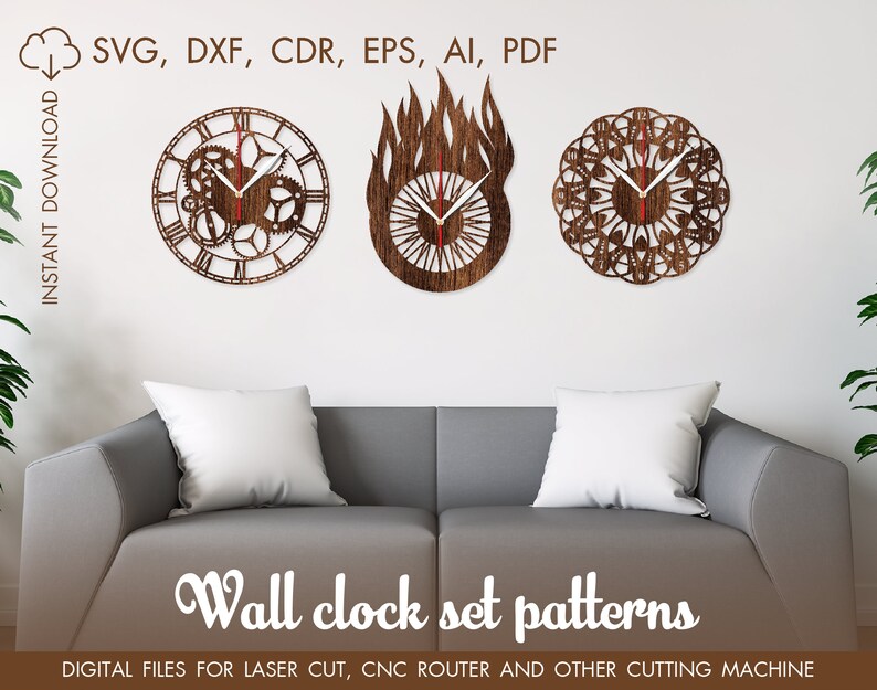 Set of 3 wall clocks, Vector for CNC, Cutting model, Clock laser cut, Laser cut template CNC files, cnc clock, vinyl clock svg, Pdf, EPS image 3