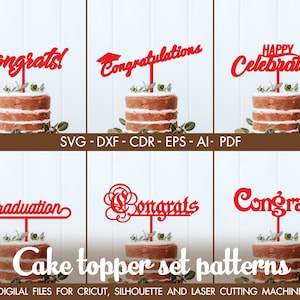 Set gâteau topper graduation cap, cricut graduation svg, grad party svg, félicitations grad, félicitations grad, gâteau topper vecteur svg, Vector pour CNC