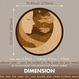 May include: Digital download of a wood-burning design featuring a crescent moon with a face and clouds. The design is 10.85 inches in diameter and can be scaled to any size. The design is suitable for laser cutting, CNC routing, and other cutting machines.