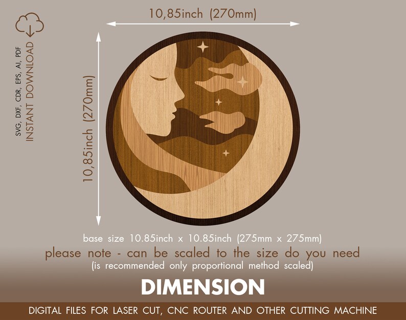 May include: Digital download of a wood-burning design featuring a crescent moon with a face and clouds. The design is 10.85 inches in diameter and can be scaled to any size. The design is suitable for laser cutting, CNC routing, and other cutting machines.
