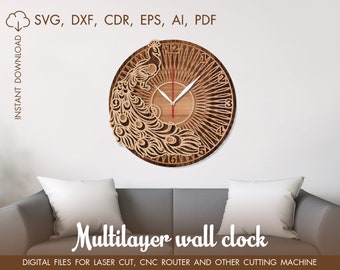 Peacock wall clock dxf, Large clock, Cutting model, Clock laser cut, cut file multilayer, Cricut diy, cnc multilayer clock, modern clock svg