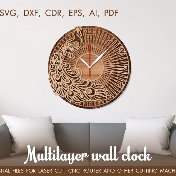 Horloge murale de paon dxf, Grande horloge, modèle de coupe, coupe laser d’horloge, multicouche de fichier de coupe, diy de Cricut, horloge multic multicouche, svg moderne d’horloge