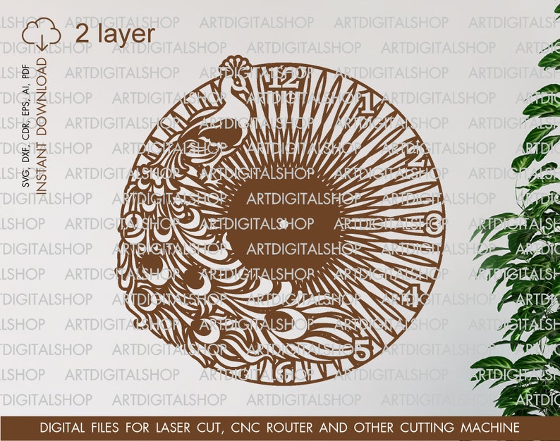 Peacock wall clock dxf, Large clock, Cutting model, Clock laser cut, cut file multilayer, Cricut diy, cnc multilayer clock, modern clock svg image 5