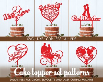 Set di 6 toppers torta, torta topper svg, torta di nozze topper, amore svg, decorazione torta, File per CNC Pdf , topper, vettore per CNC, LV-1