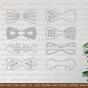 May include: Five different designs for laser cut bow ties. The designs include a striped bow tie, a bow tie with stars, a bow tie with stripes and stars, a bow tie with a fish skeleton, and a bow tie with leaves.