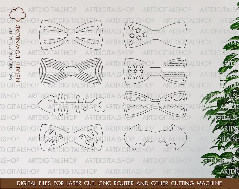 May include: Five different designs for laser cut bow ties. The designs include a striped bow tie, a bow tie with stars, a bow tie with stripes and stars, a bow tie with a fish skeleton, and a bow tie with leaves.