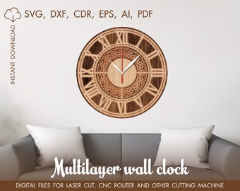 Wall clock SVG, cut file multilayer, vector templates, cnc multilayer clock, dxf, svg by layers, clock laser cut, CNC files, wall clock SVG