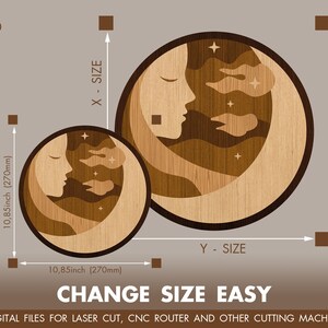 May include: A digital file for laser cutting or CNC routing, featuring a moon with a face and clouds. The design is 10.85 inches (270 mm) in diameter and can be resized. The text "CHANGE SIZE EASY" is included in the image.