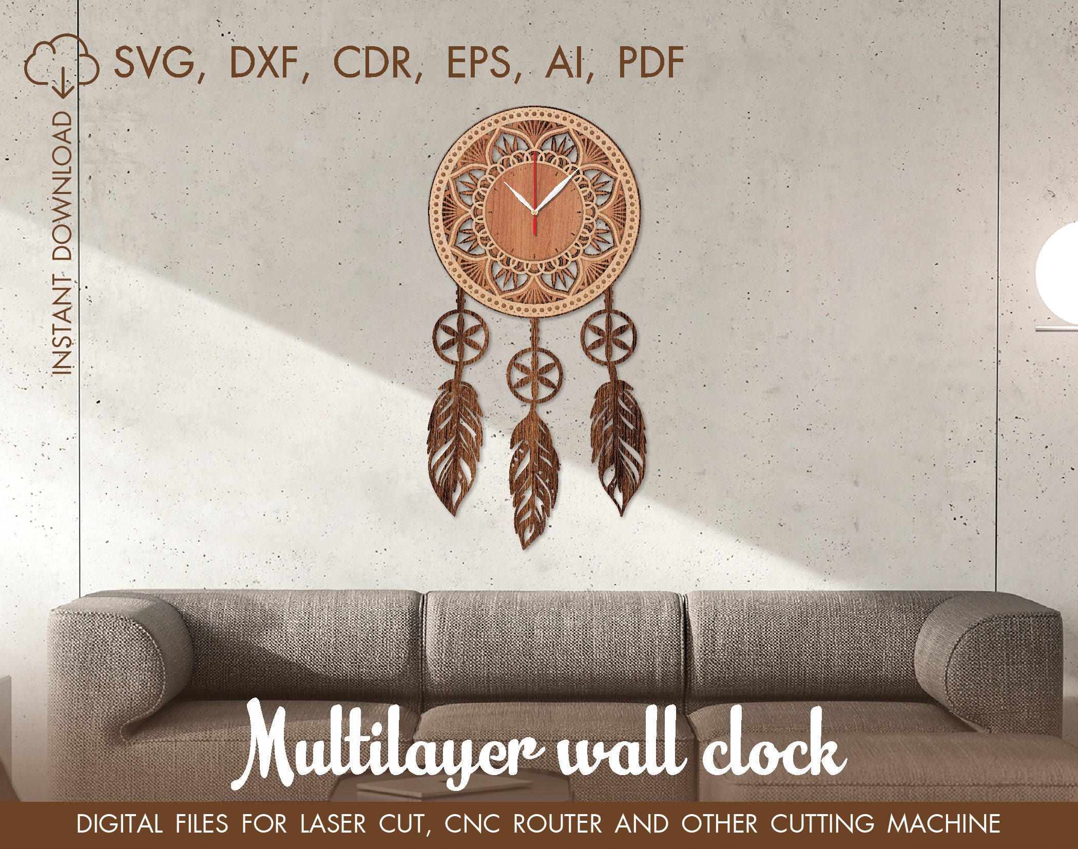 Dreamcatcher Clock Laser Cut Wood Wall Clock Laser Cut Etsy