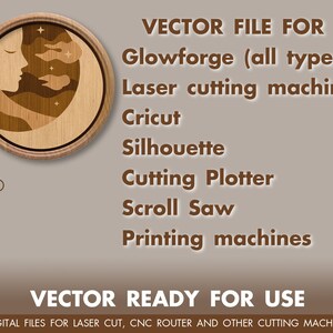 May include: A digital file for laser cutting, CNC routing, and other cutting machines. The file includes a design of a crescent moon with a sleeping face and stars. The text "VECTOR FILE FOR Glowforge (all type) Laser cutting machines Cricut Silhouette Cutting Plotter Scroll Saw Printing machines VECTOR READY FOR USE DIGITAL FILES FOR LASER CUT, CNC ROUTER AND OTHER CUTTING MACHINE" is also included in the image.