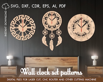 Taglio laser Orologio Dreamcatcher, orologio da parete in legno, modello di taglio laser, modello CNC modello di taglio, orologio cnc, orologio in legno svg, orologio stile Boho