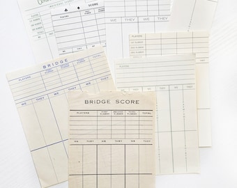 Vintage Bridge Score Sheets - Set of 8 Sheets - Junk Journaling Paper Ephemera
