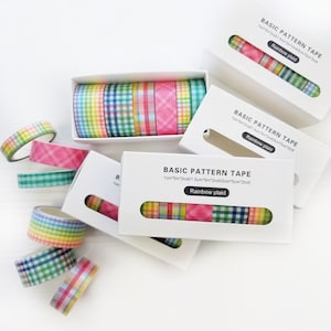 Boxed Set of Washi Tape | 6 rolls, 5 yards each | Multi Rainbow Plaid, Grid and Gingham Craft Japanese Washi Tape
