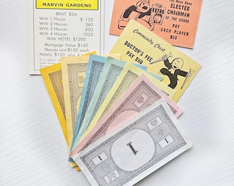 Vintage Monopoly Money and Game Cards SET of 10 Pieces