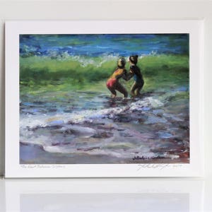 May include: A painting depicting two girls playing in the ocean waves. The girls are wearing swimsuits and are splashing in the water. The painting is executed in a realistic style and features a soft, muted colour palette.