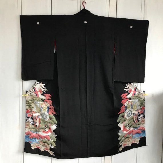 Vintage black silk kimono KURO-TOMESODE 1930s, th… - image 2