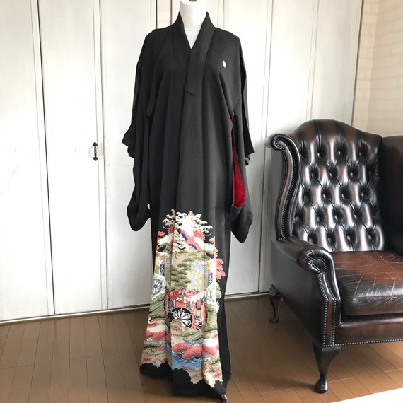 Vintage black silk kimono KURO-TOMESODE 1930s, th… - image 1