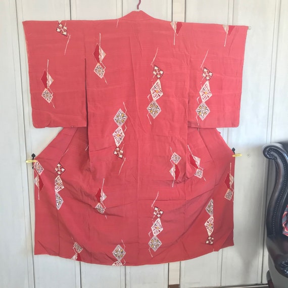 Vintage silk kimono Komon 40s, salmon pink with ab