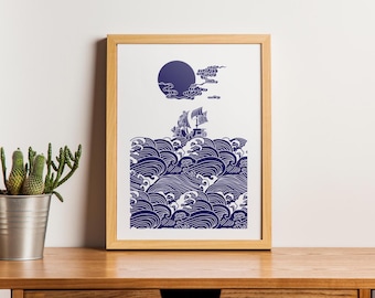 Illustration of a pirate ship on a blue Japanese wave, the Thousand Sunny