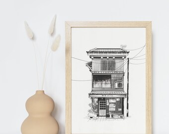 Original Poster Drawn of a Japanese architecture, made by hand and in Indian ink.