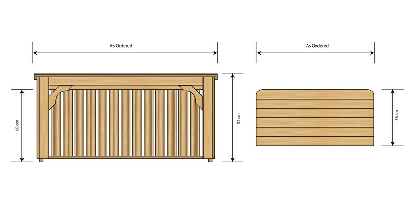 Puede incluir: Un banco de almacenamiento de madera con un frente de listones y una tapa con bisagras. El banco tiene 80 cm de alto y 92 cm de ancho. La parte superior del banco tiene 38 cm de profundidad.
