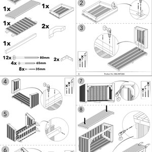 Puede incluir: Instrucciones de montaje para un banco de jard&iacute;n de madera con un compartimento de almacenamiento. Las instrucciones incluyen diagramas y texto, y muestran c&oacute;mo ensamblar el banco usando tornillos y soportes. El banco est&aacute; hecho de tablones de madera y tiene un dise&ntilde;o de listones.
