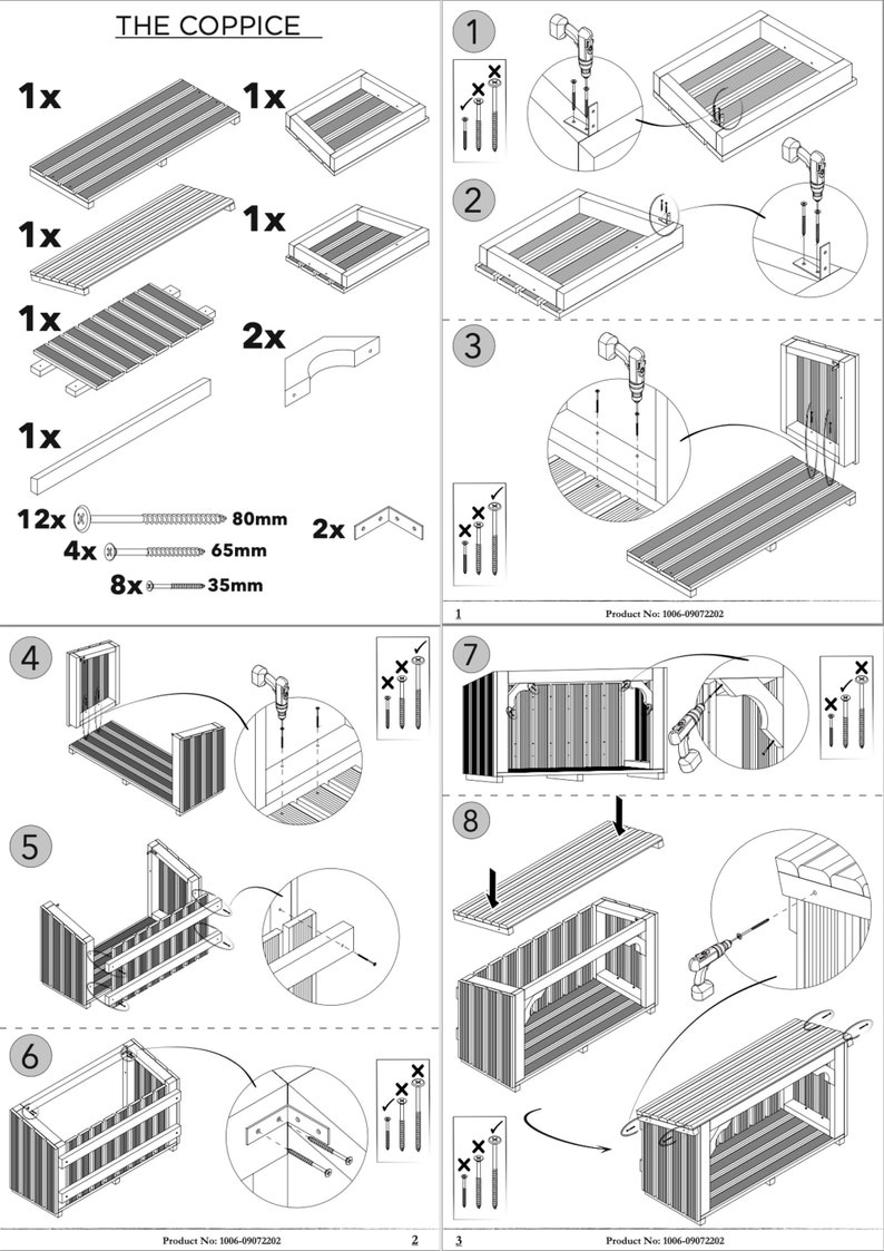 Puede incluir: Instrucciones de montaje para un banco de jard&iacute;n de madera con un compartimento de almacenamiento. Las instrucciones incluyen diagramas y texto, y muestran c&oacute;mo ensamblar el banco usando tornillos y soportes. El banco est&aacute; hecho de tablones de madera y tiene un dise&ntilde;o de listones.