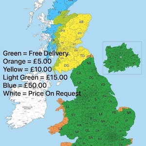 Puede incluir: Un mapa del Reino Unido que muestra las zonas de entrega y los precios. Las zonas verdes son de entrega gratuita, las zonas naranjas son 5,00&nbsp;&pound;, las zonas amarillas son 10,00&nbsp;&pound;, las zonas verde claro son 15,00&nbsp;&pound;, las zonas azules son 50,00&nbsp;&pound; y las zonas blancas son a petici&oacute;n.