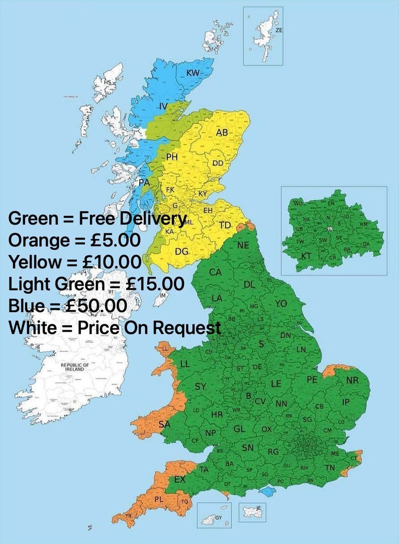 Puede incluir: Un mapa del Reino Unido que muestra las zonas de entrega y los precios. Las zonas verdes son de entrega gratuita, las zonas naranjas son 5,00&nbsp;&pound;, las zonas amarillas son 10,00&nbsp;&pound;, las zonas verde claro son 15,00&nbsp;&pound;, las zonas azules son 50,00&nbsp;&pound; y las zonas blancas son a petici&oacute;n.