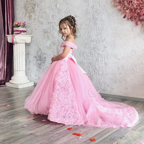 Pink Flower Girl Dress Long Train Open Shoulders Dress - Birthday Wedding party Bridesmaid Holiday Pink Tulle Lace Flower Girl Dress