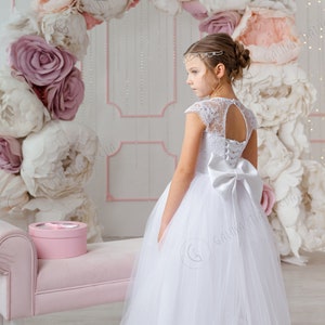 Weiß Erste Kommunion Kleid Blumenmädchen Kleid Weiß Tutu Rock-Geburtstag Hochzeit Party Urlaub Brautjungfer Blumenmädchen Weiß Tüll Spitzenkleid