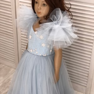 Dusty Blue Flower Girl Dress V-neckline Fluffy Sleeves Back Bow First Birthday Dress Sky Blue Tutu Dress Wedding party Blue Tulle Girl Dress