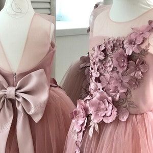 Dusty Rose Flower Girl Dress V-neckline Back Bow Dusty Rose Pink Flower Girl Dress Bridesmaid Holiday Blush Tutu Dress Lace Flower Girl Dres