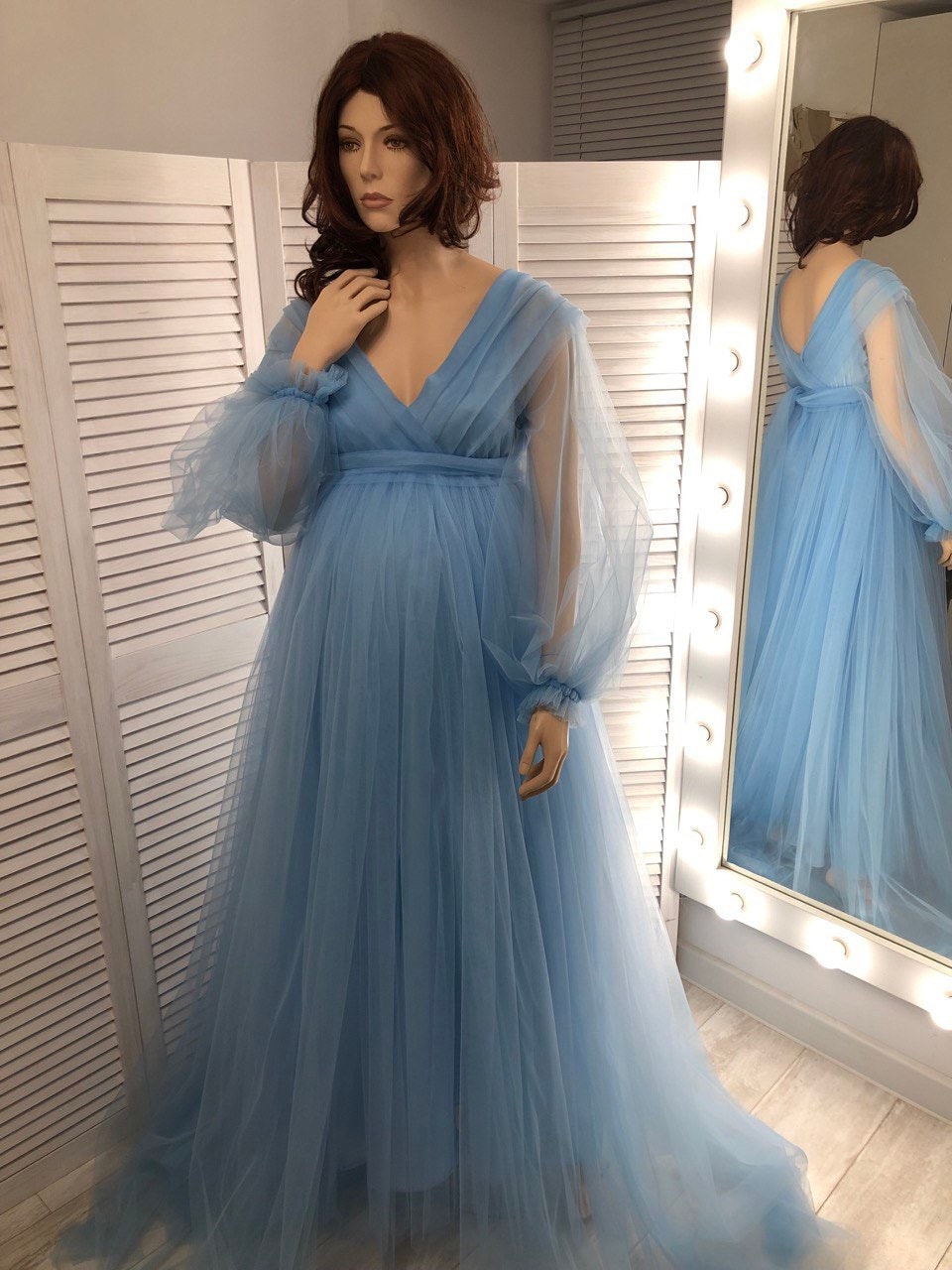Blue Long Sleeves Maternity Dress for Photo Shoot Baby Shower Dusty Blue Dress Maternity Gown Blue Dress Floor Length Dress Tulle Dress Etsy Canada