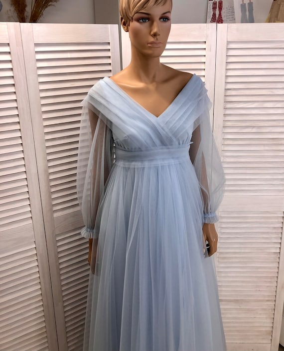 Dusty Blue Maternity Gown: Long Sleeve Split Front Dress