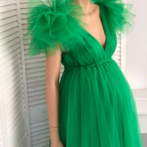 Green Maternity Dress For Photo Shoot and Baby Shower Party, Maternity Gown With Sleeves, Long Tulle Maternity Dress, Floor Length Dress