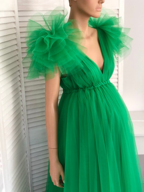 green tulle maternity dress Sage Green Maternity Robes Photoshoot Tulle Ruffles Pregnancy Dress Baby Shower