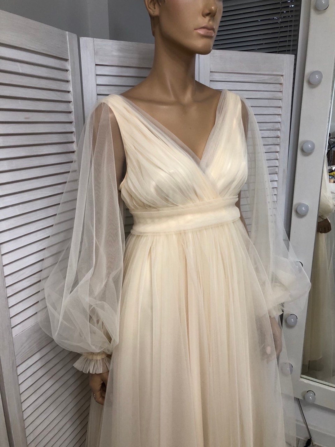 Champagne Tulle Wedding Dress With Long Sleeves Beige Wedding Boho ...