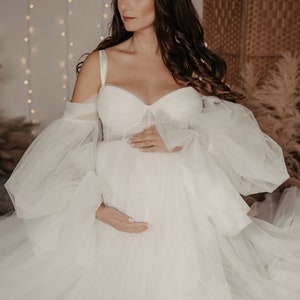 Sukienka ciążowa na sesję zdjęciową Baby Shower z długimi rękawami Suknia ślubna ciążowa Długa sukienka ciążowa Sukienka do ziemi Ślub Boho