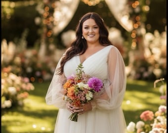 Plus Size White Tulle Wedding Dress: Long Sleeve Boho Bridal Gown