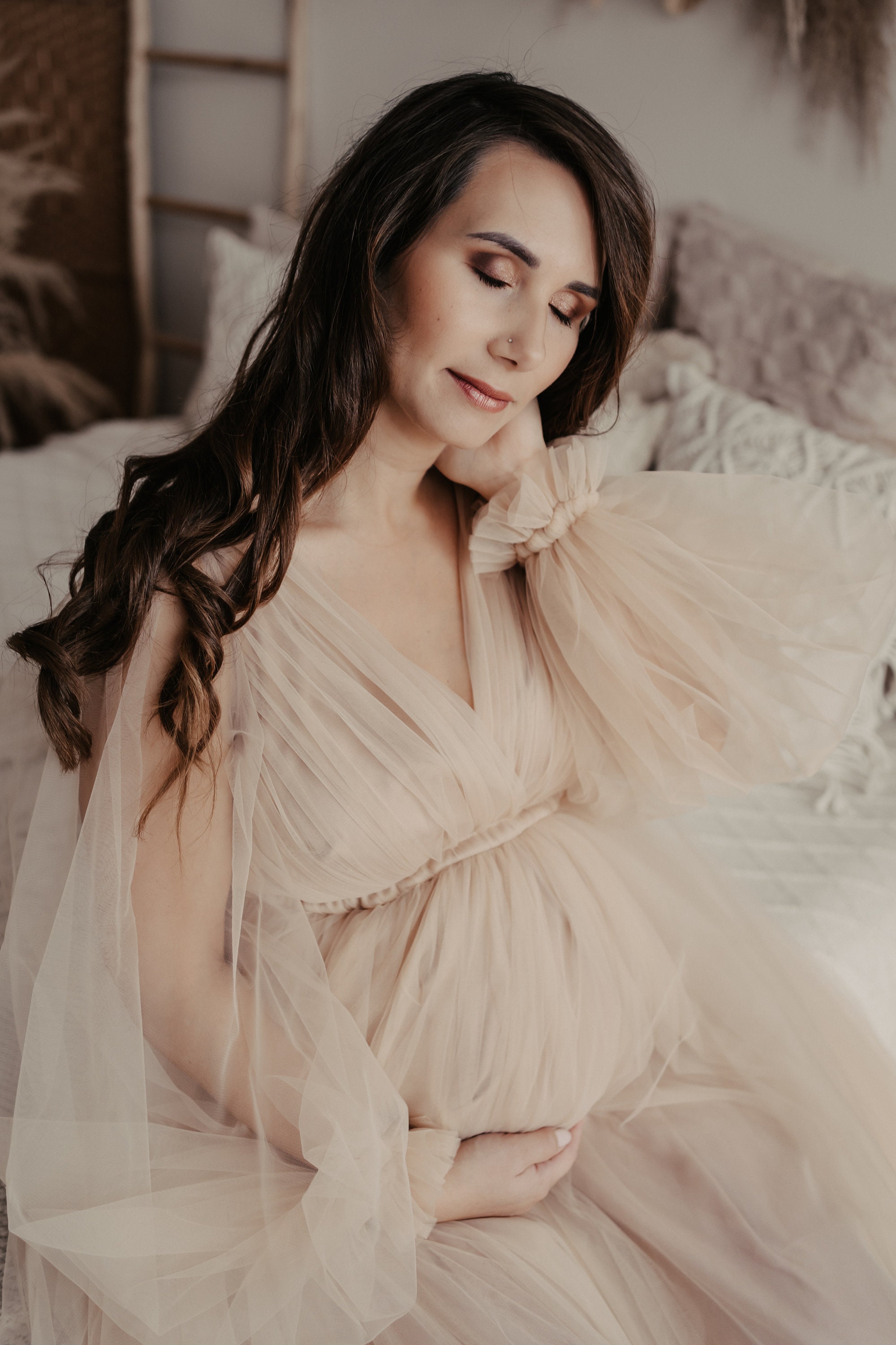 Beige Tulle Maternity Gown: Long Sleeve Photo Shoot Dress