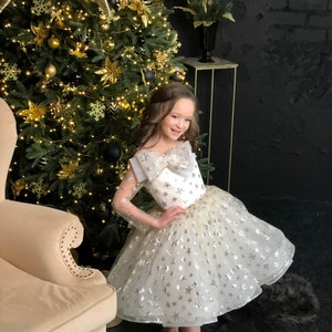 May include: A young girl wearing a white tulle dress with silver stars. The dress has a bow at the neckline and a full skirt. The girl is standing in front of a Christmas tree.