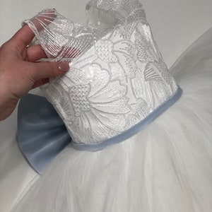 Off White Flower Girl Dress V-neckline Back Bow First Birthday Dress Sky Blue Tutu Dress Wedding party Bridesmaid Blue Tulle Lace Girl Dress