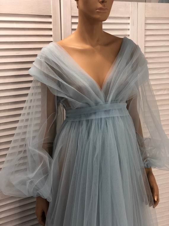 dusty blue baby shower dress Momyknows Blue Floral Ruched Off Shoulder A-line Puff Sleeve Sweet Going Out Maternity Photoshoot Baby Shower Mini Dress Light Blue / S main image 0