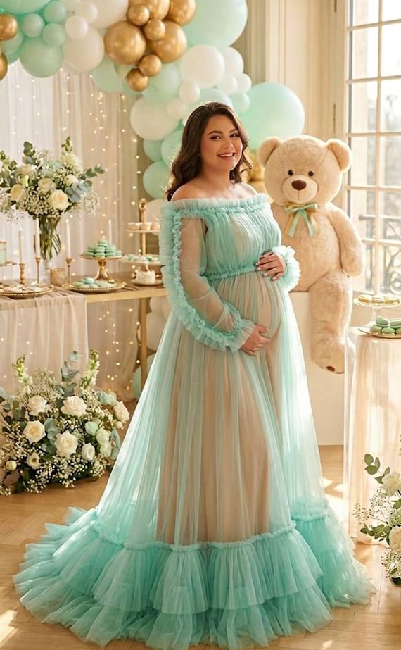 Mint Tulle Maternity Dress, Baby Shower Dress, Gender Reveal Outfit, Plus Size Dress, Off Shoulder Princess Gown, Pregnancy Photo Dress