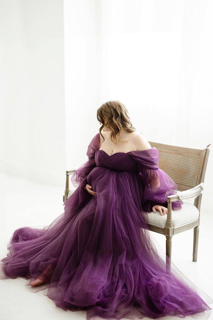 purple tulle maternity dress Lilac Maternity Photoshoot Dress, Maxi Tulle Woman Dress, Long Sweep Train, Floral Lace, Infinity Dress, Wedding Pregnancy Gown, Baby Shower